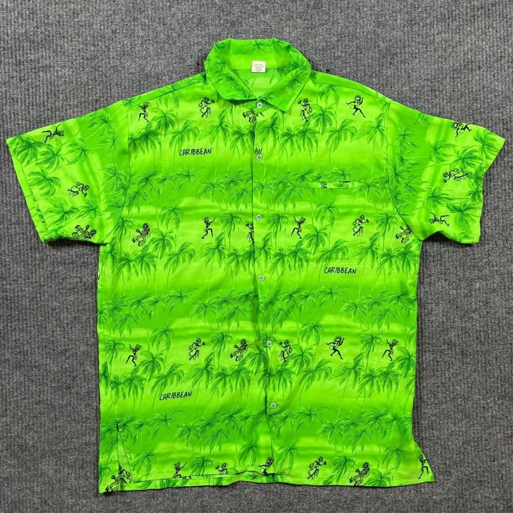 Creations Caribbean Mens Hawaiian Shirt L Green Palm Tree Tribal Print Button Up